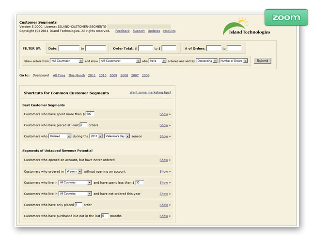 Customer Segments Miva Module - Dashboard Screenshot